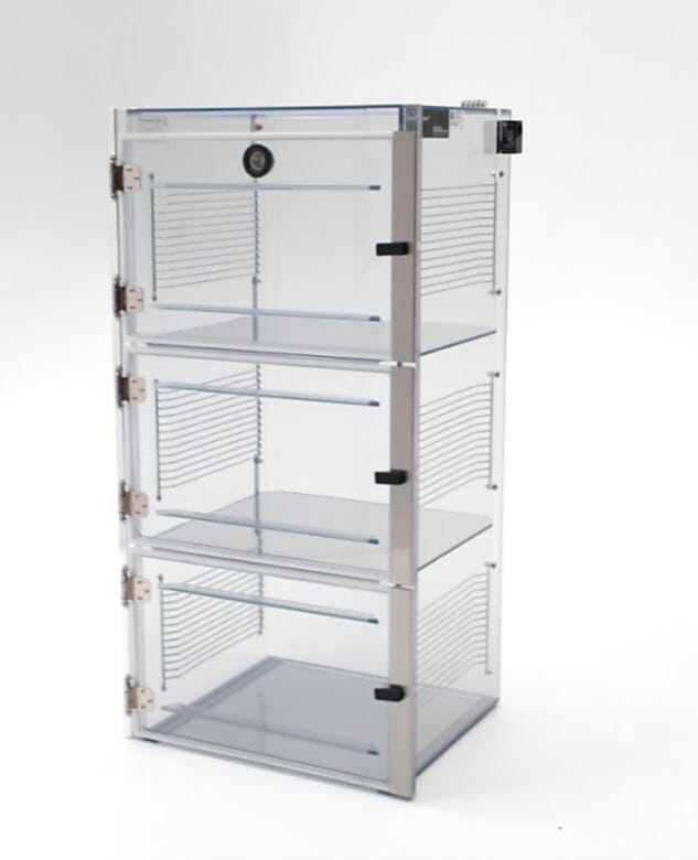 ValuLine® ESD-safe desiccator cabinet, static-dissipative PVC, 3 chambers with adjustable shelving | 3949-32C displayed