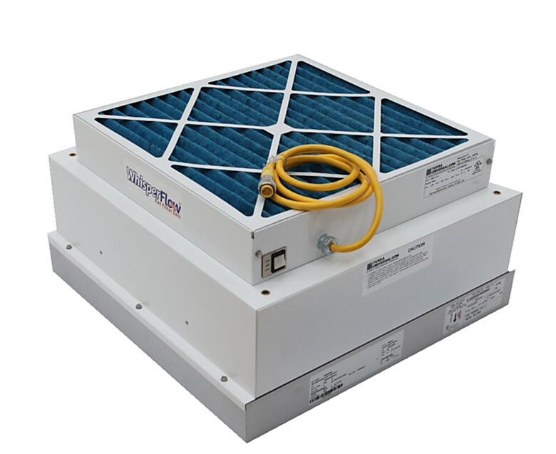 2'x2' WhisperFlow Fan Filter Unit with internal baffling and aluminum diffuser | 6601-22-U displayed
