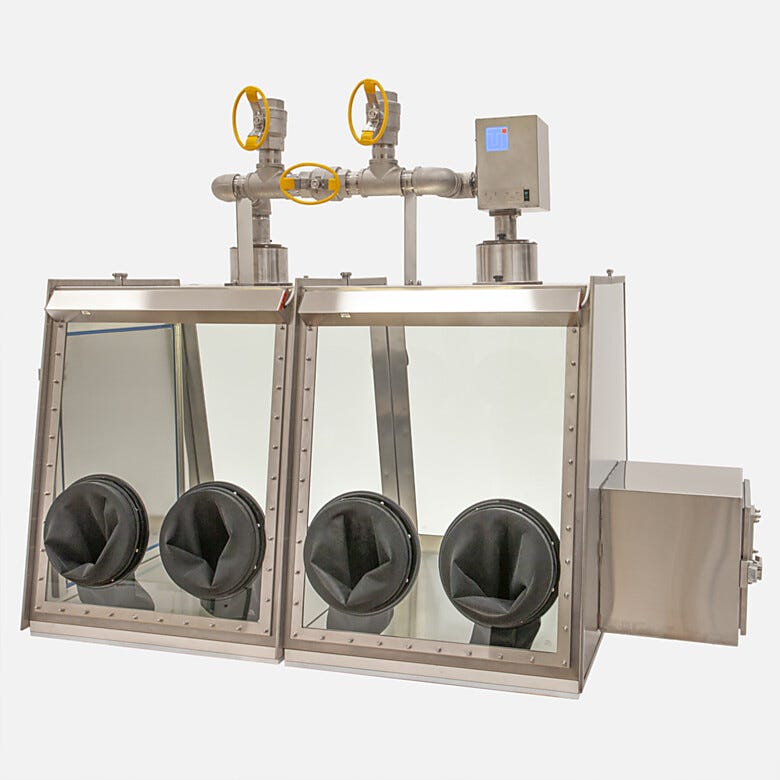 Stainless steel twin glove box adjusts to open-loop, single-pass operation or closed-loop, continuous recirculation (air lock optional) | 1694-90 displayed