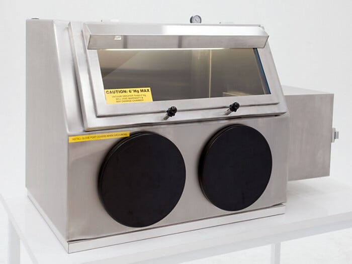 Single Series 310 Negative Pressure Glovebox Shown with optional gauge, stand, and right sided airlock. | 3305-54B displayed
