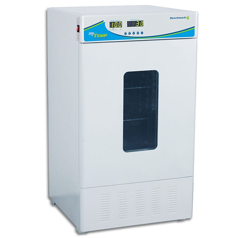 myTemp 65HC Heating and Cooling Incubator by Benchmark Scientific has a 2.3 cu. ft. capacity, a powerful compressor and a stainless steel interior | 2828-06 displayed