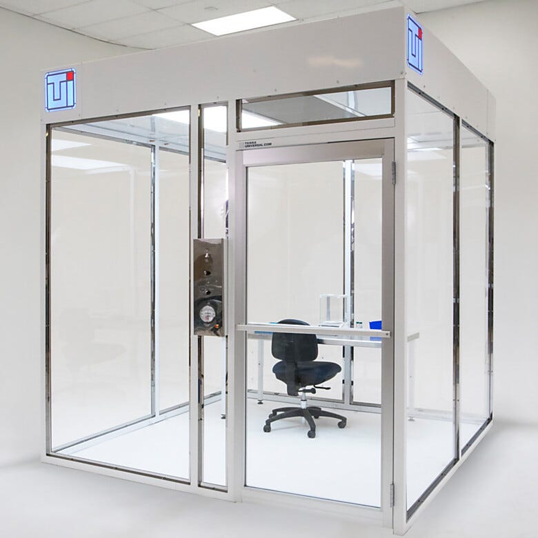 Hardwall cleanroom shown with powder-coated steel frame. | 6600-63A displayed