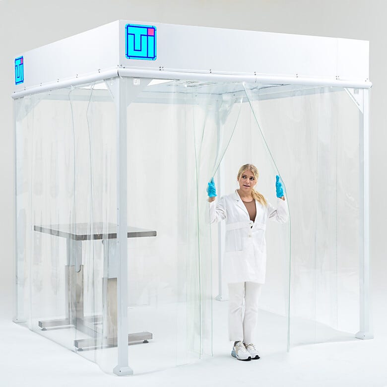 Softwall cleanroom enclosure with easy-access PVC curtain design for personnel entry  |  6600-66A-VL-0808 displayed
