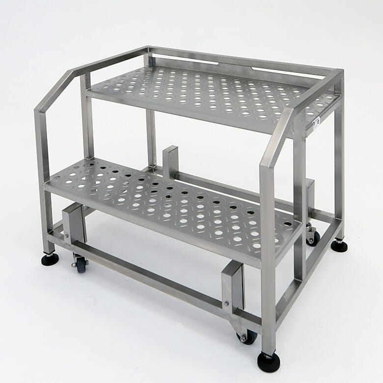Stainless steel portable step ladder; 316L SS, 2 steps, 300lb capacity, perforated with diamond plating, ISO 5 | 2805-83A displayed