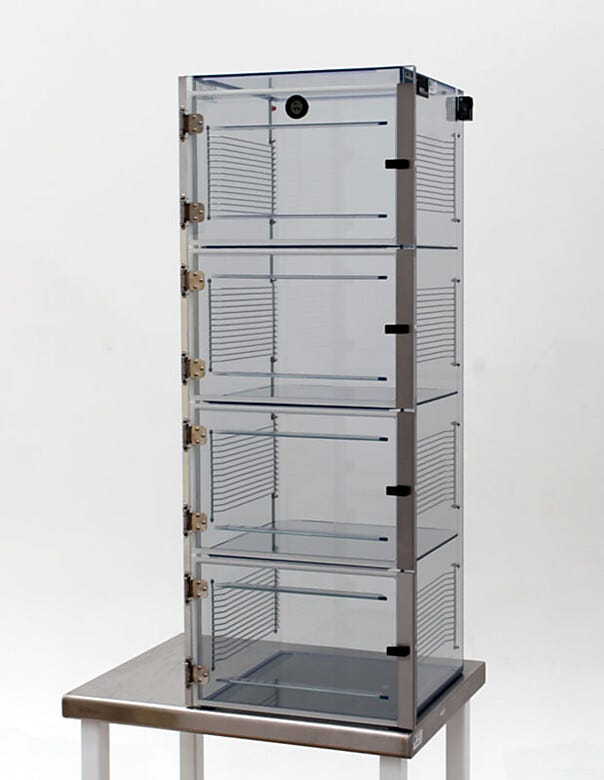 ValuLine® static-safe desiccator cabinet, static-dissipative PVC, 4 chambers with adjustable shelving | 3949-33C displayed