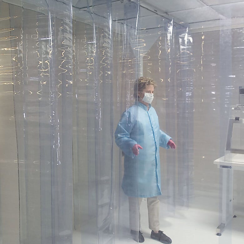 Flexible strip shields and panels in several cleanroom-compatible materials create an economical softwall enclosure | 6704-07 displayed