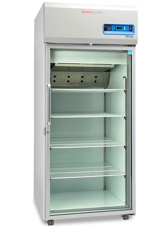 Single-glass door 827L TSX High-Performance Refrigerator by Thermo Fisher Scientific includes 4 shelves and casters; GMP Clean Room Class A/ISO 6 compatible | 1621-09 displayed