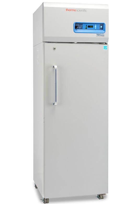 Single-solid door 326L TSX High-Performance Refrigerator by Thermo Fisher Scientific includes 4 shelves and casters; GMP Clean Room Class A/ISO 6 compatible | 1621-12 displayed