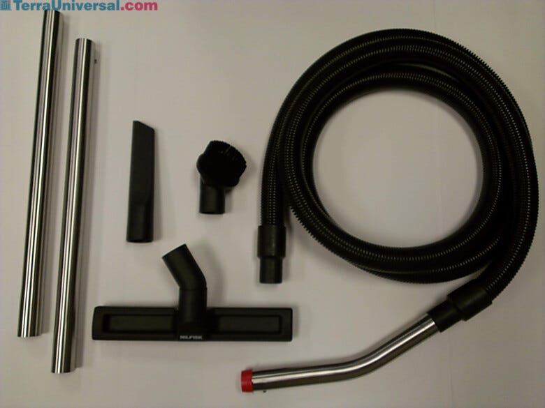Includes: 10' antistatic hose with cuffs, curved SS tube, 2 SS wands, floor nozzle, conductive dust brush and conductive crevice nozzle | 1764-39 displayed