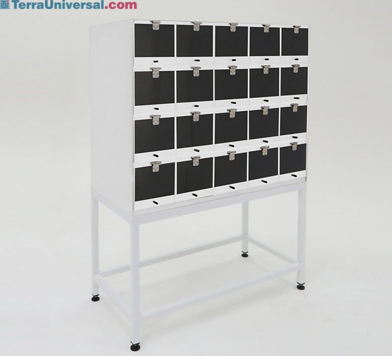 20-Compartment cold rolled steel cabinet shown with optional stand. | 4105-23 displayed