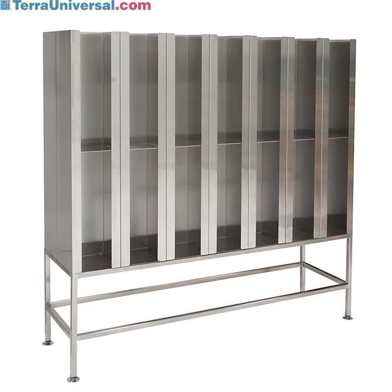 304 stainless steel cubbies with slotted footplates, double-sided with 28 compartments, 14 per side  |  4955-05 displayed