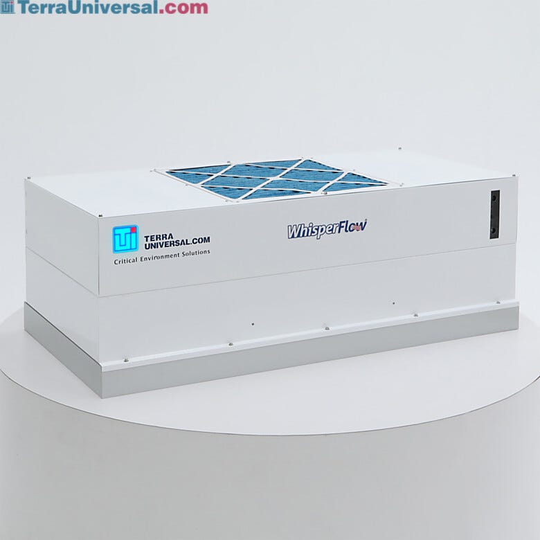 Uninterruptible Power Supply (UPS) mounted on top of FFU allows battery operation during power outage; status indicator lights provide visual alerts | 6601-24A-H-EC-BP displayed