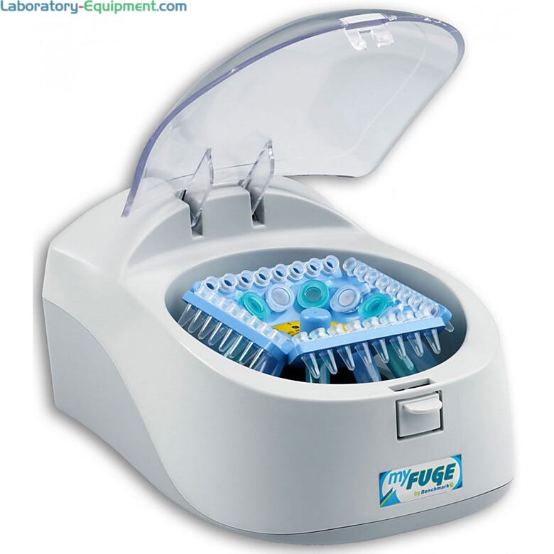 Benchmark’s myFuge 12 centrifuge with the COMBI-rotor that holds microtubes and PCR strips simultaneously | 2825-00 displayed