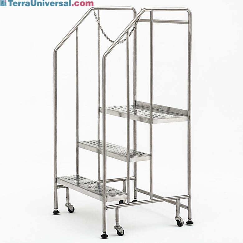 Terra’s BioSafe® 3 step ladder features a design with minimal crevices, making cleaning easier and reducing the accumulation of particles | 2805-85B displayed