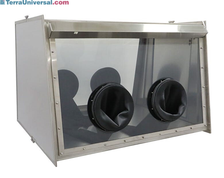 Stainless steel glove box isolator with polycarbonate windows allows full chamber visibility and convenient dual-side access; shown with optional gloves  |  1694-33A displayed