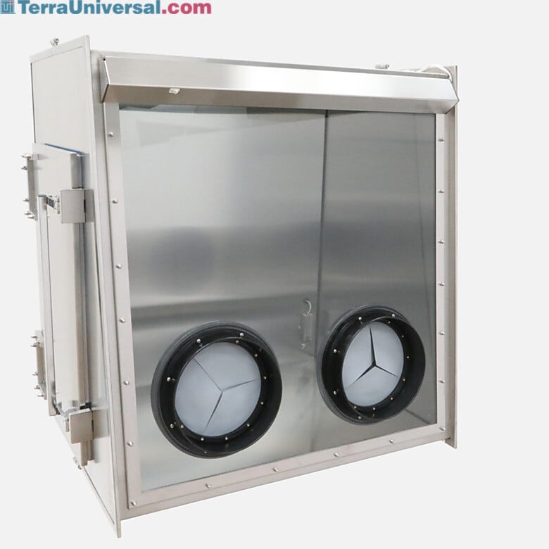 Stainless Steel Series 600 Full-View Glove Box, shown with optional side door and iris adapter  |  9670-01B displayed