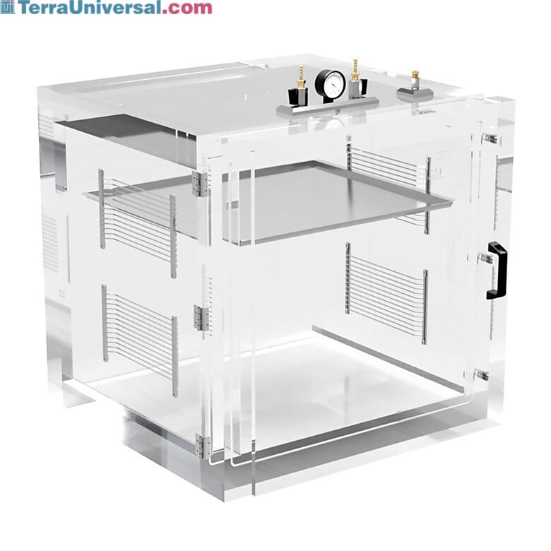 Transparent acrylic vacuum desiccator chamber with front-opening door, internal racks and adjustable shelf, and vacuum connections  |  3305-68 displayed