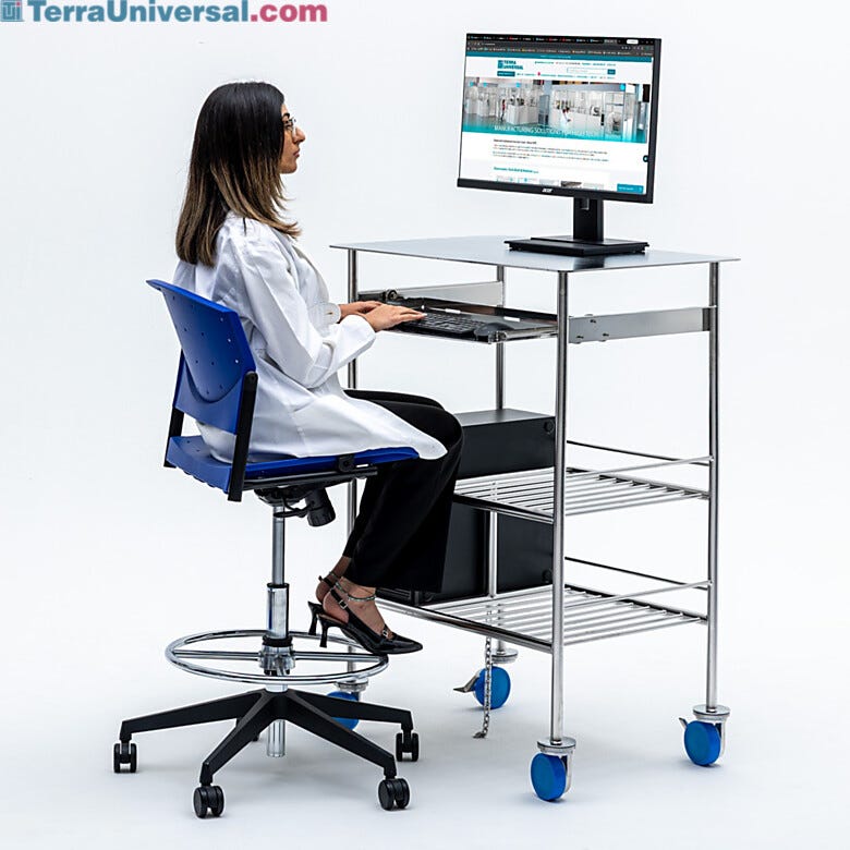 316L Stainless Steel cleanroom computer cart made with stainless steel rods to promote laminar flow | 9600-19A displayed