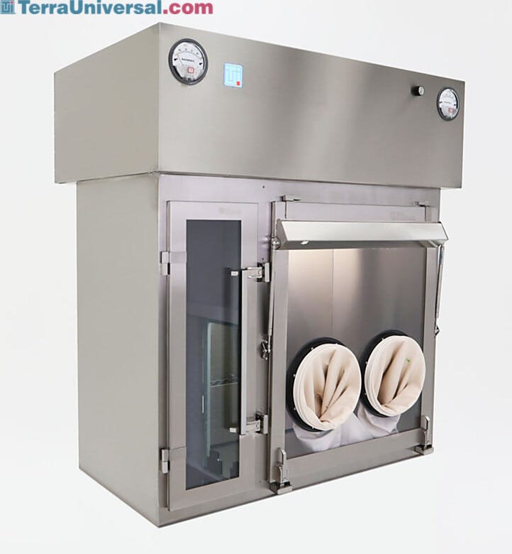 Stainless Steel USP 797 Compounding Aseptic Isolator shown with optional Hypalon gloves/sleeves | 2900-56B displayed