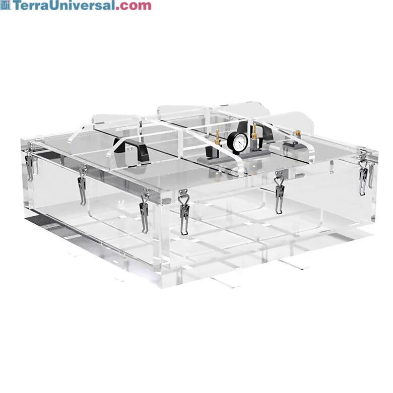Transparent plexiglass vacuum chamber in a wide, flat configuration and top lid with vacuum gauge and needle valves installed | 3305-77 displayed