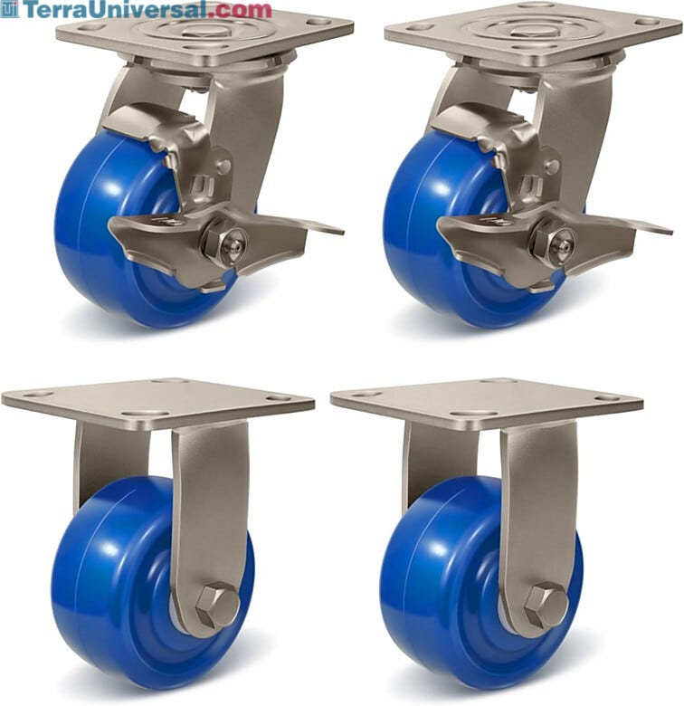 Four stainless steel casters with polyurethane wheels, 2 swivel with brakes, 2 rigid  |  1701-95 displayed