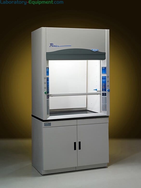 Four foot Protector Premier laboratory fume hoods by Labconco shown with optional storage cabinets | 3649-00 displayed