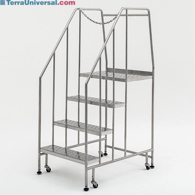 Terra’s BioSafe® 4 step ladder is designed with minimal crevices to simplify cleaning and limit particle buildup | 2805-86B displayed