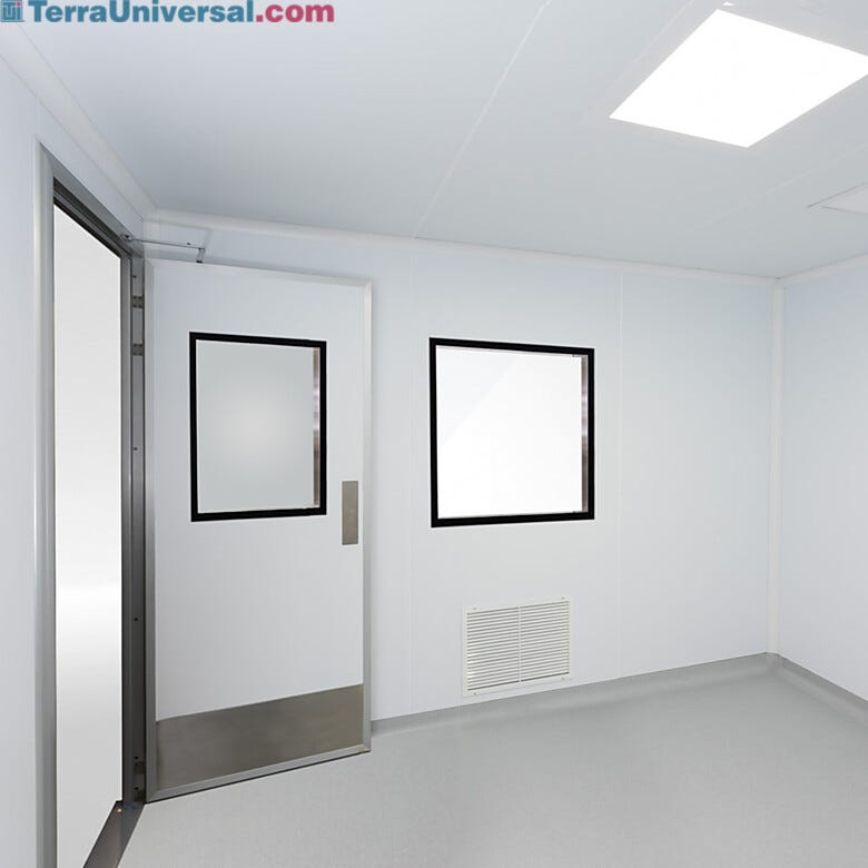 Flexible and scalable cleanroom design accommodates utility connections, such as compressed gas, vacuum, plumbing, phone and Ethernet lines