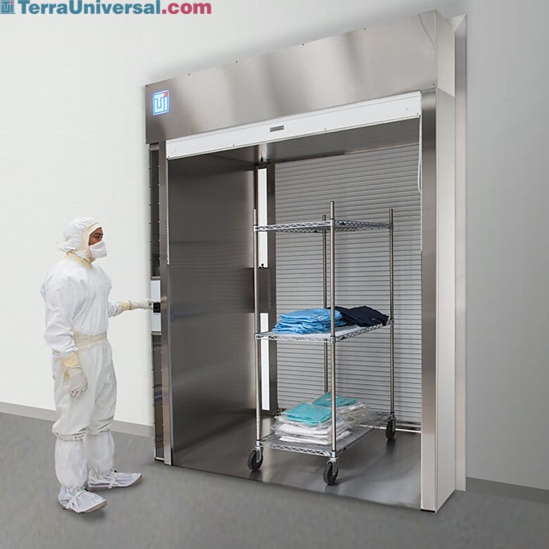 Cleanroom Roll-Up Door Pass-Through Chambers include interlocked doors for transfer of carts, bulky equipment  |  6705-31C displayed