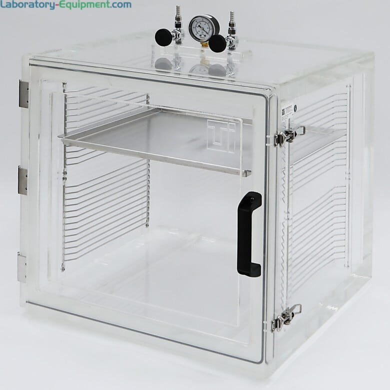 Clear acrylic vacuum desiccator cabinet with front swing door, 2 adjustable shelf racks, vacuum gauge and needle valves | 5235-83 displayed
