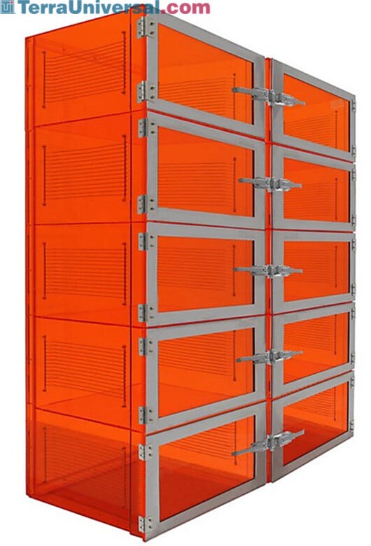 Amber acrylic ten chamber desiccator cabinet includes stainless steel shelf racks, stainless steel-reinforced doors, a flowmeter and relieve bleed valve (not sh | 3950-66D displayed