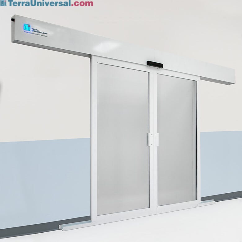 The Powder-Coated Aluminum Automatic Double Bi-Parting Sliding Door will auto reverse when something obstructs the path of the door  |  6709-17 displayed
