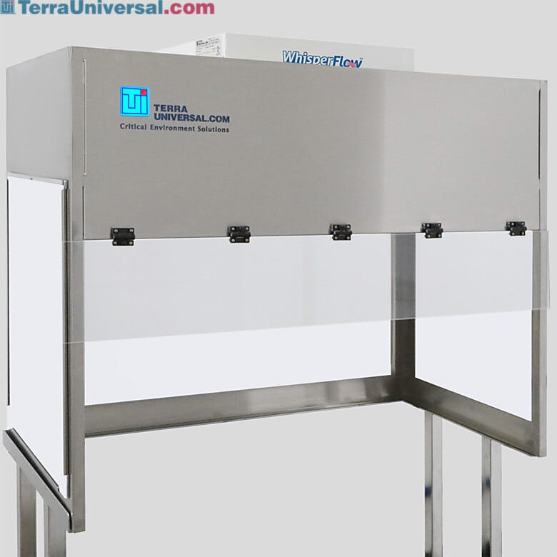 BioSafe® benchtop vertical laminar flow hood with opaque polypropylene panels for excellent chemical resistance; front shield is transparent static-dissipative   |  1688-FM-4830 displayed