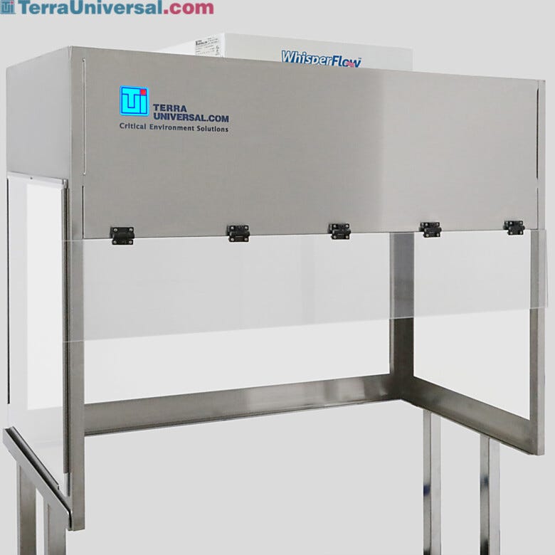 BioSafe® vertical laminar flow hood with translucent white acrylic panels gives privacy with some ambient light; front sash is transparent SD-PVC | 1688-WA-4830 displayed