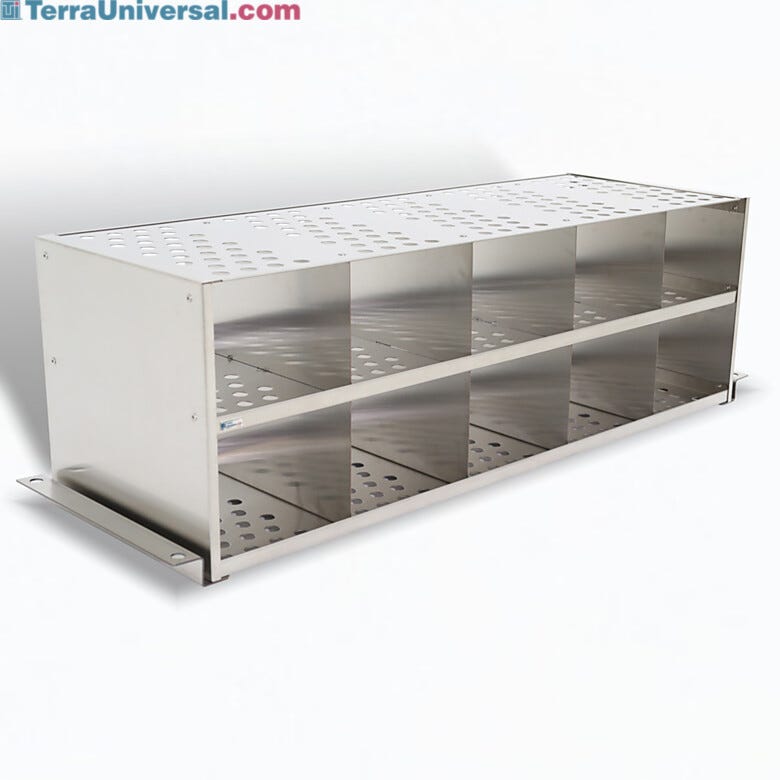 304 stainless steel bootie rack with glides for retrofitting to gowning bench, perforated surface with 10 cubbies  |  1560-41 displayed