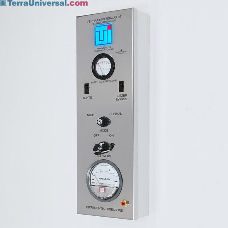 Cleanroom control panel provides centralized control and monitoring of cleanroom functions; status indicator LED blinks when FFU filters need replacement | 6600-23A-NS displayed