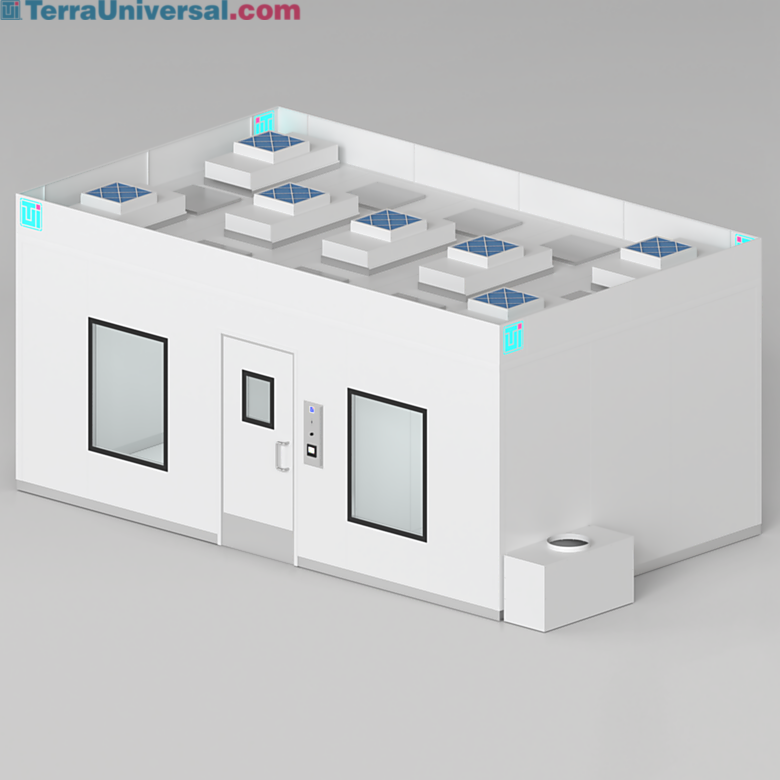 Modular BioSafe Wall Panel cleanroom configured with FFUs, light panels, and air plenum included for a turnkey compounding room  |  2899-20 displayed