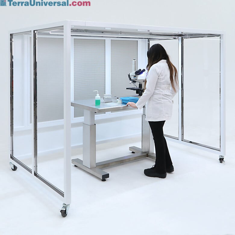 Portable horizontal CleanBooth, three-sided hardwall enclosure, laminar flow of HEPA-filtered air with custom dimensions