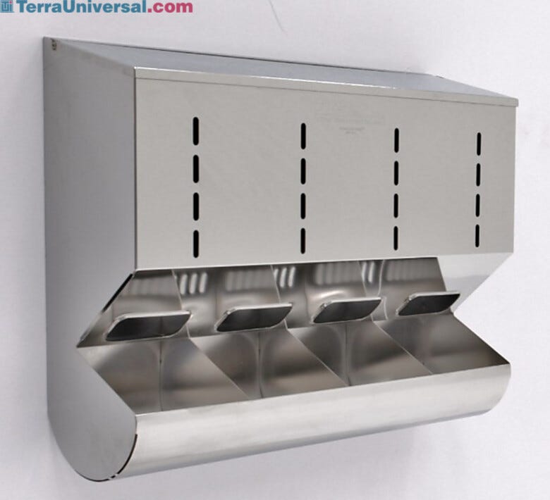 Stainless Steel Wall Mounted 4 Chamber Glove Dispenser with Catch Tray  |  4951-33-2 displayed