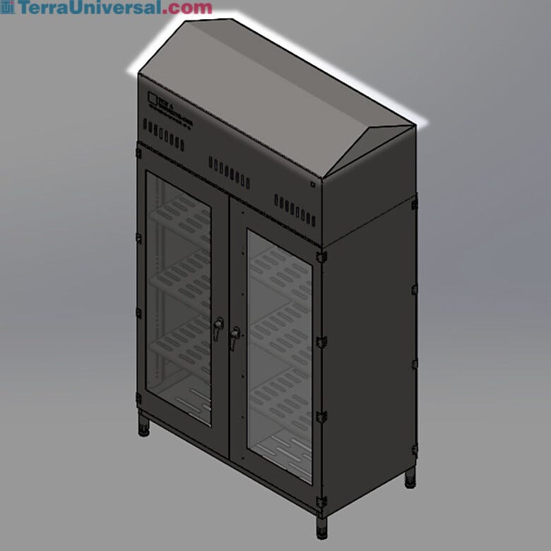 Double sided cleanroom storage cabinet; 304 stainless steel, 2 doors on front, 2 doors on back, locking handled, dual-side sloped top