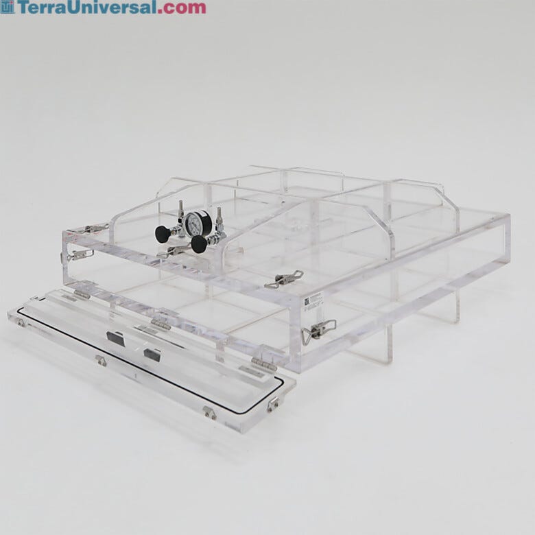 Acrylic vacuum chamber with extra wide mouth and hinged door lets you easily feed long parts through for speedy and hassle-free transfer  |  3305-81 displayed