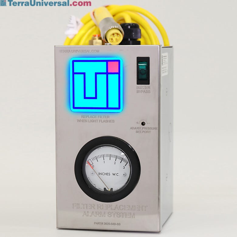 Filter replacement alarm system with integrated minihelic pressure gauge, light and buzzer  |  2625-54B-SS displayed