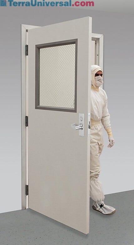 UL-listed fire-rated door with wired-glass window, shown with optional mortise locking mechanism and hinges installed