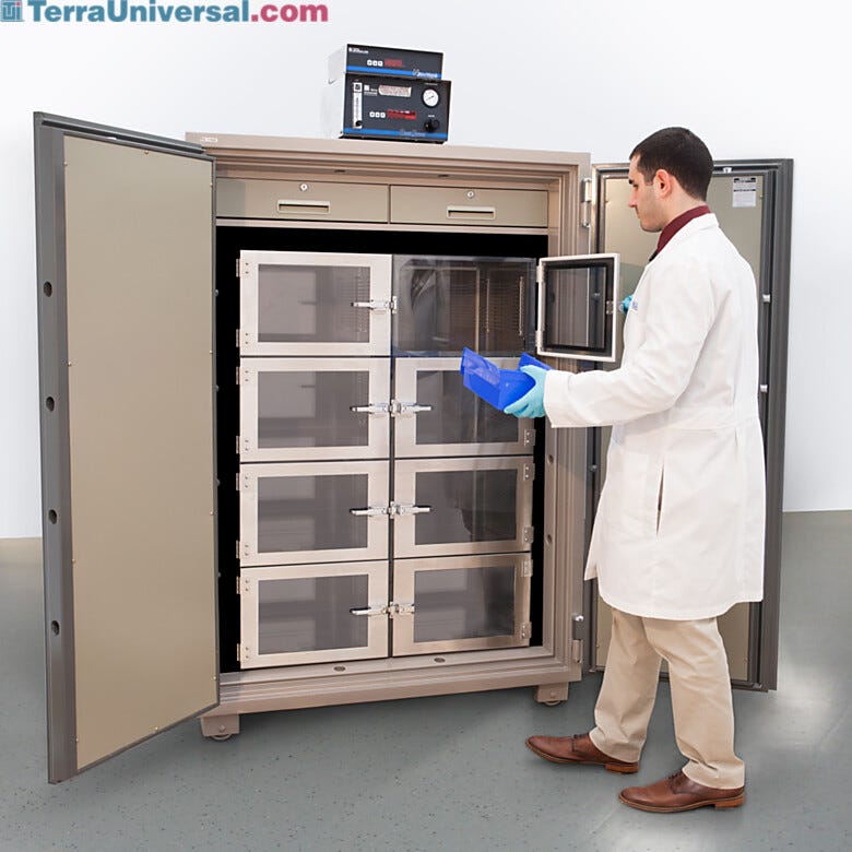 Steel safe holds 8-chamber SDPVC desiccator, secure double doors self-lock; interior has two locking drawers | 6500-22 displayed