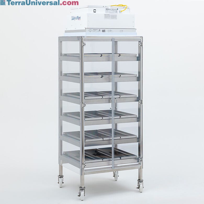Stainless steel storage cabinet featuring a HEPA filter for efficient particle removal  |  9130-03A displayed