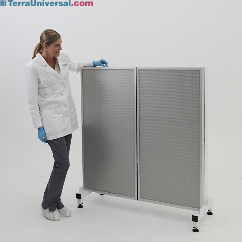 Front side of horizontal laminar flow module; 2 HEPA fan filter units mounted on a base stand