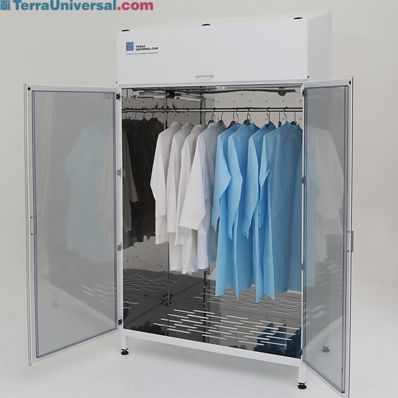 Large UV cabinet with mirrored stainless steel interior and hanger rod; HEPA filtration system is mounted on top, a perforated bottom allows for laminar airflow  |  4101-15C-UV displayed