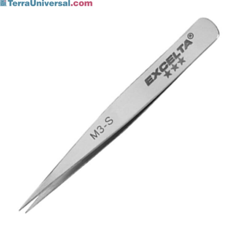 Tweezers feature straight fine tips. Made from 400 series (magnetic) Stainless Steel which has a slightly higher carbon content and produces a sturdy tip | 9302-44 displayed
