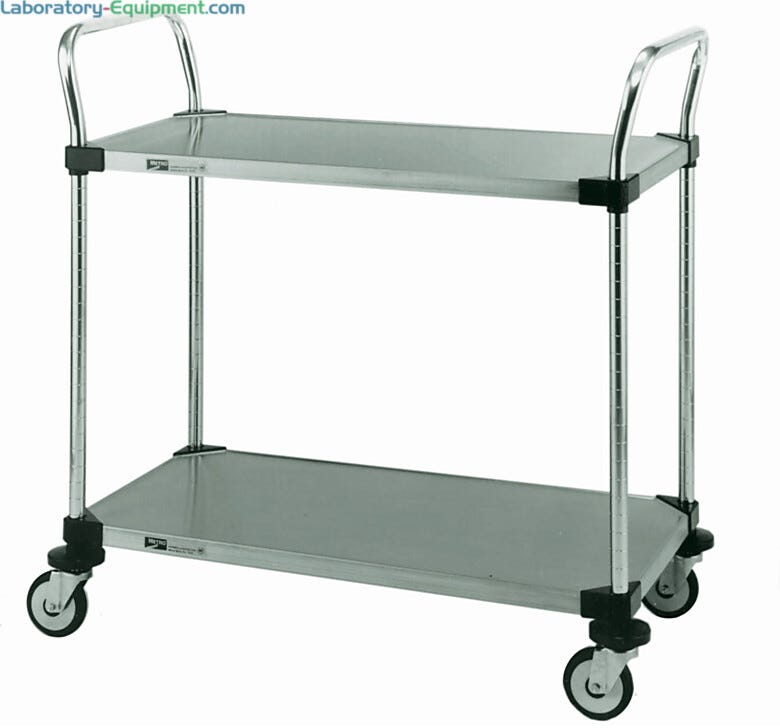 Metro MW100 series utility cart features two solid stainless steel shelves practical for transporting materials requiring an expanse of flat surface | 1302-PP-01 displayed