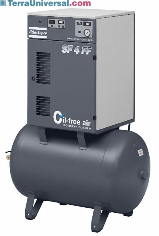 The Atlas Copco SF Series Oil-Free Scroll Compressor delivers certified 100% oil-free compressed air | 6800-PP-05 displayed